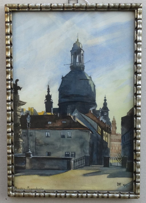 Art Deco Watercolour, 1917, Dresde "Frauenkirche", aquarel