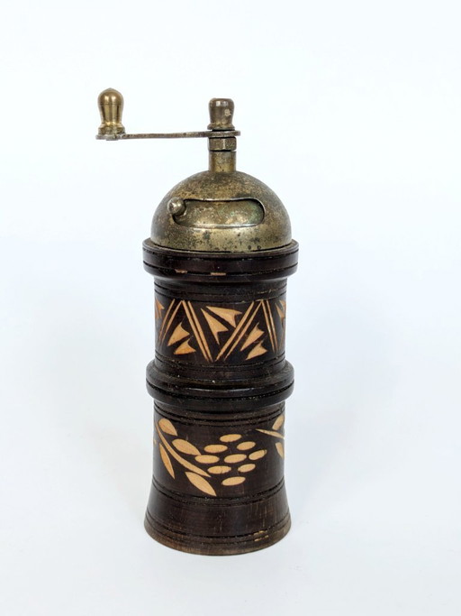 Vintage Folk Art Carved Wooden Pepper Mill Brass Hand Crank Mediterranean Rustic