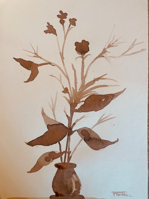 Painting, monochrome sepia still life "dried flowers", signed
