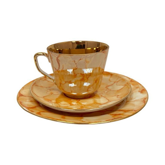 Image 1 of Chodzież "Trio" breakfast set – marbled gold design, PRL era (1970s).