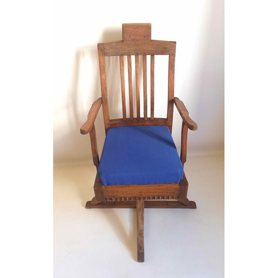 Image 1 of Vintage barber chair in solid teak and blue fabric, 1930