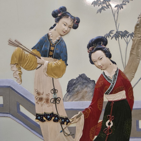 Vintage Chinees Dubbelzijdig Kamerscherm Dames In Landschap / Oosters / Aziatisch / Bohemian Paravent (photo 8 of 15)