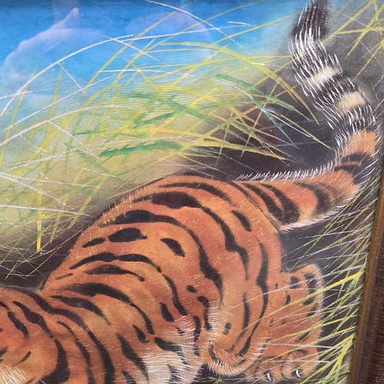Image 1 of Vintage Japanese silk painting with a tiger, 1950s