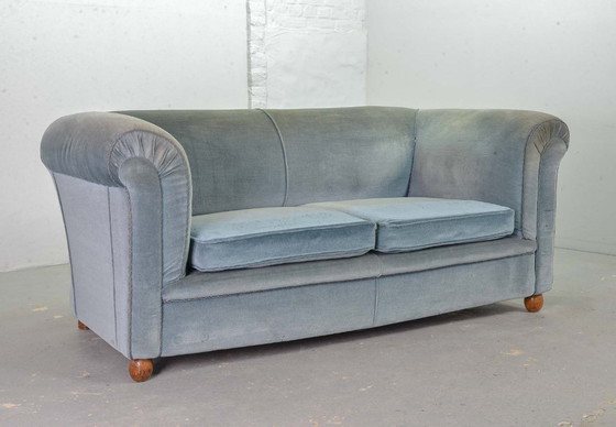 Image 1 of Chesterfield Style Duotone Two-Seat Victorian Sofa in Frosted Blue and Moss Green Velvet, 1950s.