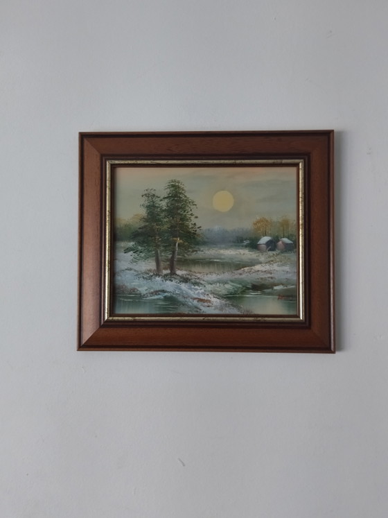 Image 1 of Dipinto vintage degli anni '70/'80, paesaggio invernale, olio su tela, cornice in legno.