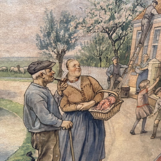 Image 1 of Large school plate Cornelis Jetses (1932) - J.B. Wolters Groningen-Djakarta - 73×103 cm - with wooden cane