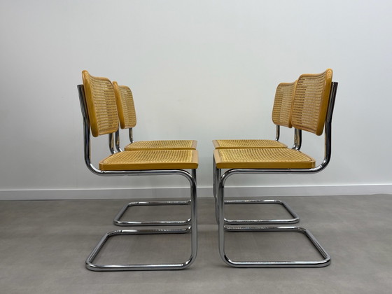 Lot de 4 chaises tubulaires Cesca en cannage, Chaises de salle à manger, Chrome, Rotin, Marron (photo 2 sur 15)