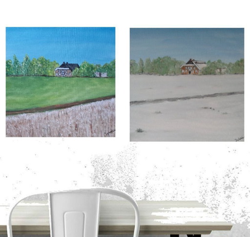 2 peintures de paysages été et hiver