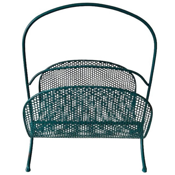 Image 1 of Vintage Design Newspaper Rack Magazine Basket Metal Turquoise 1980's