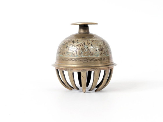 Image 1 of Vintage Solid Etched Brass Indian Elephant Claw Bell, Handcrafted Decorative Floral Table Bell
