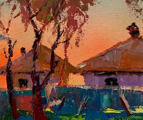 Original Oil Painting Rural Houses Landscape Village Morning – Paintings & Drawings, Canvas (photo 7 of 8)