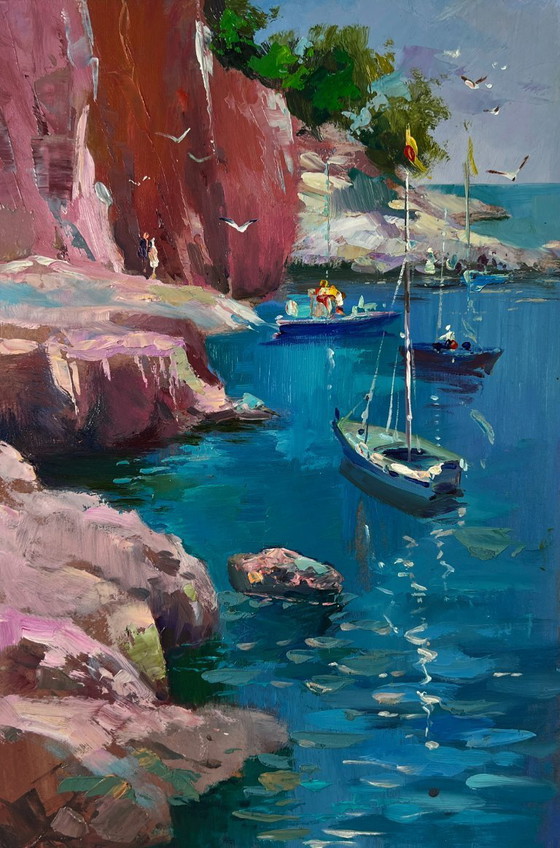 Image 1 of Original Oil Painting Sea Coastal Landscape Boats On The Rocky Shore