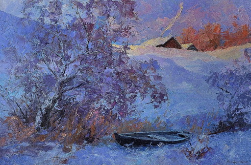 Original Oil Painting Winter Landscape Countryside Frosty Morning – schilderijen tekeningen, Canvas