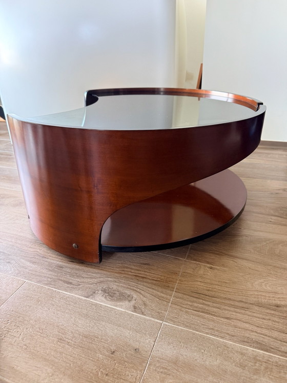 Italian Space Age Coffee Table – Smoked Glass & Curved Wood – 1970s (photo 10 of 15)