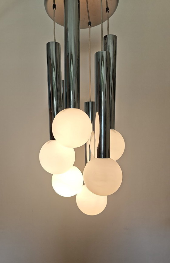 Image 1 of Vintage Sijaj Hrastnik Chandelier / Mid Century Modern Chrome & Glass Globe Pendant Lamp / Space Age Ceiling Light / Yugoslavian