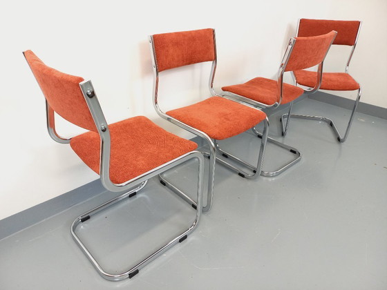 Image 1 of Suite of 4 vintage cantilever chairs in chromed metal and fabric from the 70s