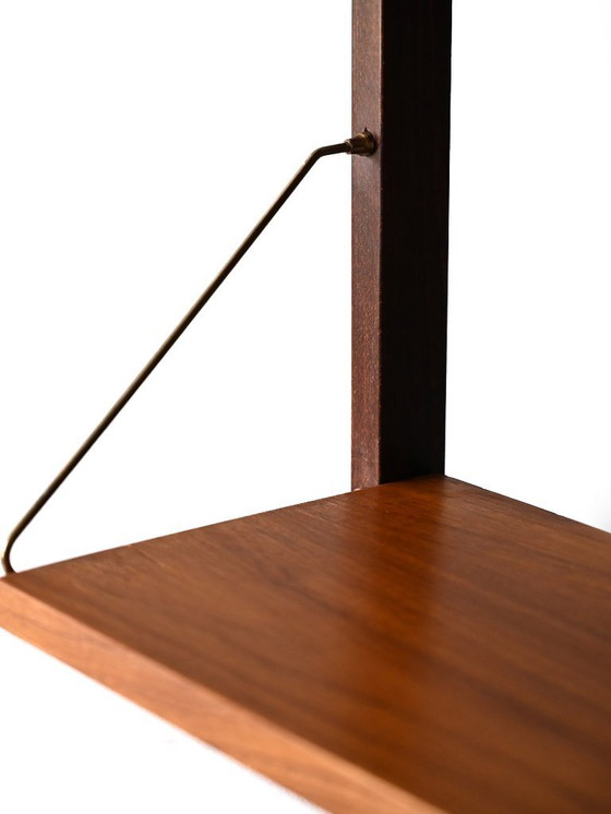 Image 1 of Bibliothèque scandinave vintage avec bureau coulissant et supports en laiton