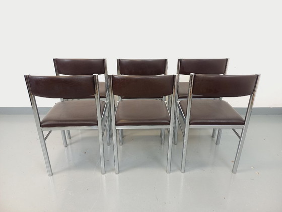 Image 1 of Set di 6 sedie vintage anni '70 in metallo cromato e similpelle marrone