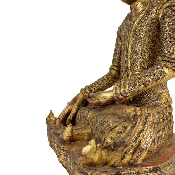Antieke Birmese Jambupati Boeddha met glasinleg, 57 cm hoog. – Beeldhouwkunst, Wood (photo 11 of 16)