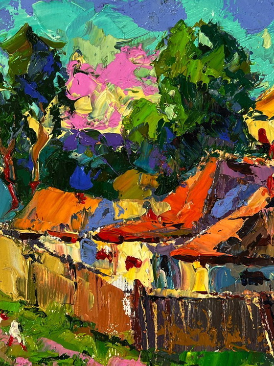 Image 1 of Peinture à l'huile originale représentant un paysage rural dans une rue du village par une chaude journée ensoleillée.