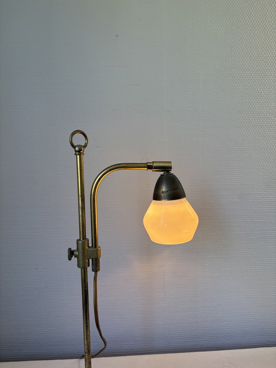 Image 1 of Vintage Art Deco brass with white milk glass shade, adjustable in height