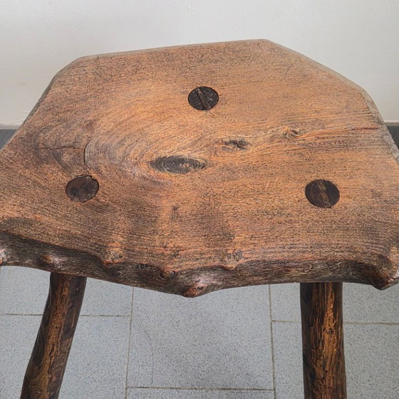 Image 1 of Pair of Vintage Brutalist Tripod Stools 1970s in Oak 70s DLG Marolles