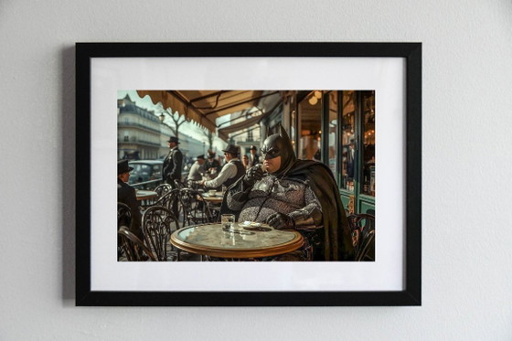 Image 1 of Foto stampata e incorniciata / edizione limitata / Batman al caffè / Parigi / cornice decorativa