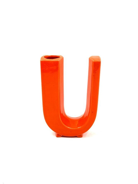 Image 1 of Space age oranje U lettervormige keramische solifleur vaas, Marcel Radureau ca. 1970