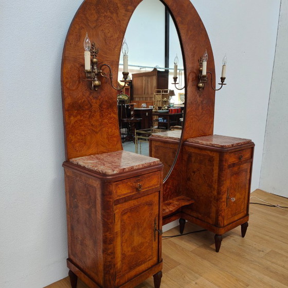 Image 1 of Coiffeuse Art Déco vintage, meuble de chambre, table de maquillage, plateau en marbre