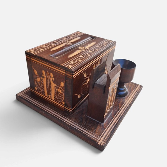 Vintage wooden cigarette holder with ashtray and match holder, Table accessories, Brown (photo 3 of 6)