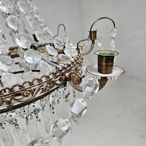 Image 1 of Empire-Style Brass Chandelier — Prism Décor — 7-Light Statement Piece — 20th Century