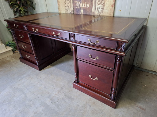 Large classic desk, writing table, with leather inlay, light signs of use, dimensions: 200x90cm and 84cm high.