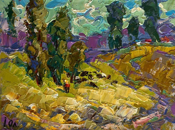 Image 1 of Original Oil Painting Summer Nature Landscape Walking through the valley