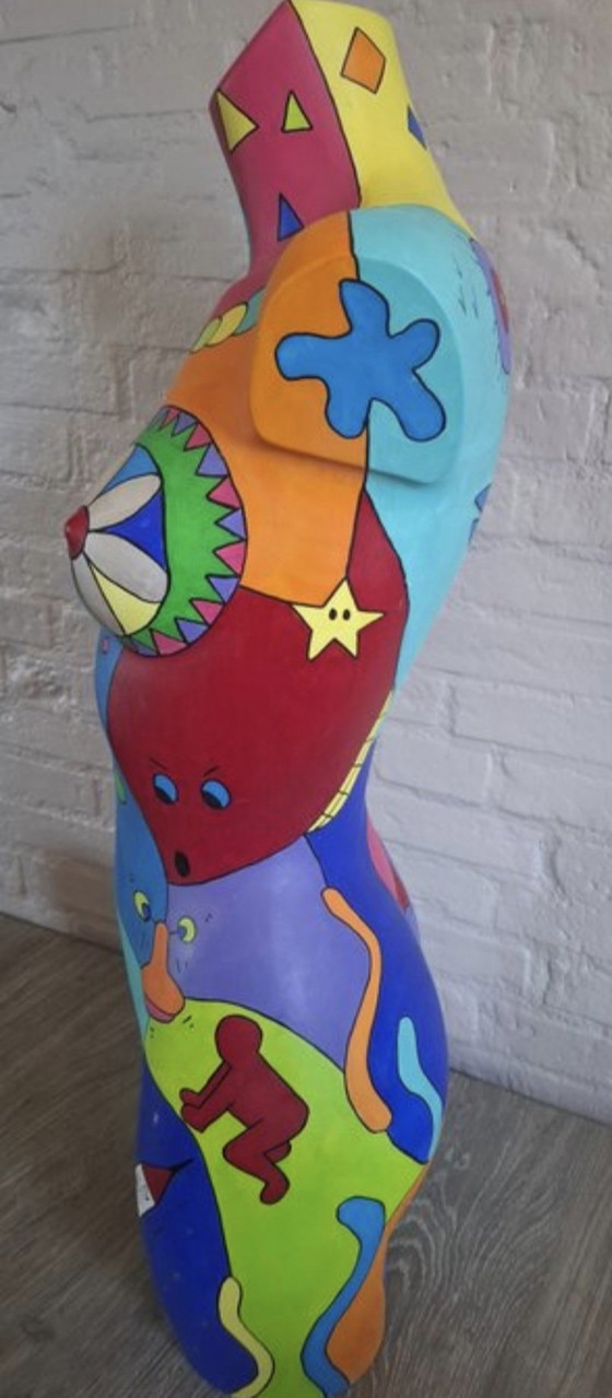 Image 1 of Handgeschilderd vrouwelijk torso in pop-artstijl - gesigneerd "MH i2" - uniek kunstwerk