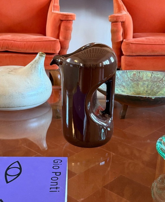 Image 1 of Mid Century moderne vaas / kan van bruin keramiek, Il Picchio Italië 1970