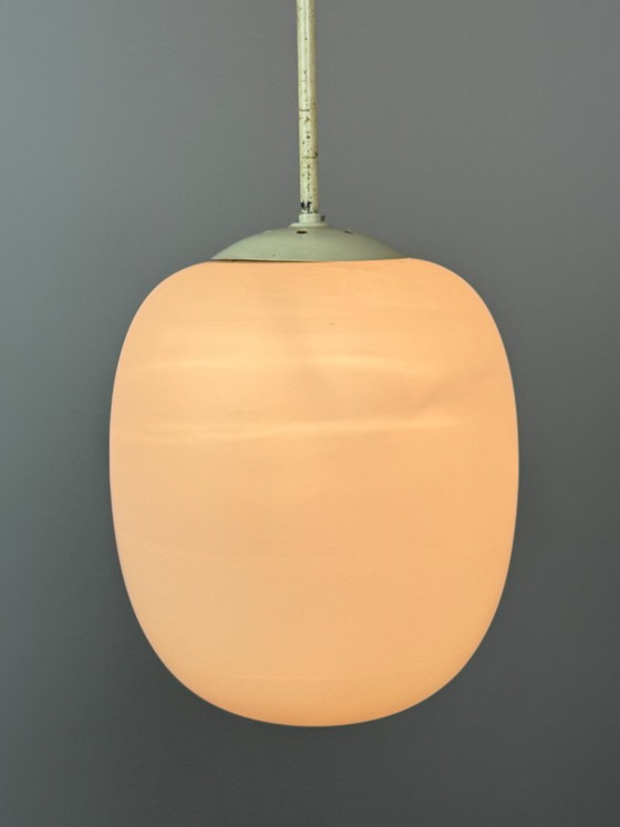 Tall Mid-Century Design Philips Industrial Pendant with Big White Oval Frosted Glass Ball, Netherlands, 1950s (photo 4 of 11)