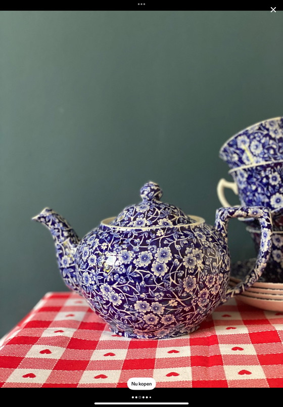 Image 1 of Set van 4 kop en schotels + theepot Calico Burleign cobalt blauw