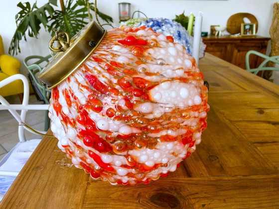 Image 1 of Lampada a sospensione a sfera gigante in vetro artistico di Murano rosso