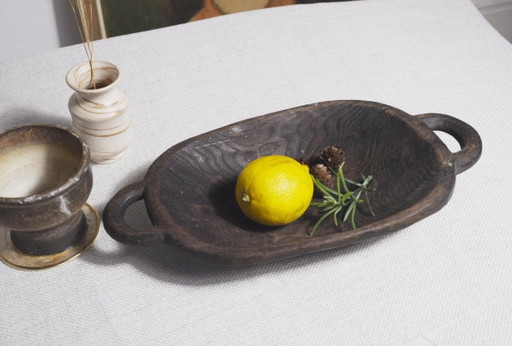 Bandeja de Madera Africana Tallada a Mano Madera Oscura Plato de Servir con Asas Decoración Rústica Vintage Primitiva