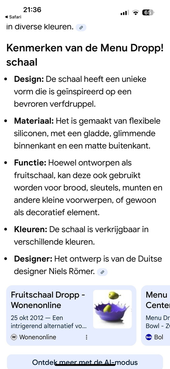 Image 1 of Ciotola Dropp di Menu - ciotola per frutta di design