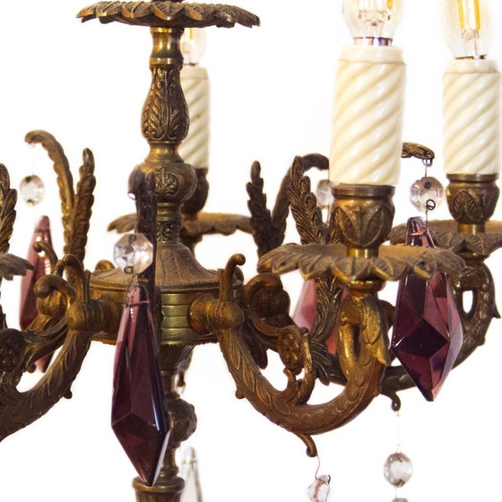 Image 1 of Lampada a candelabro vintage in bronzo con cristalli viola, anni &#39;30