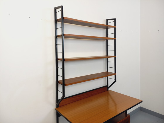 Image 1 of Italian modernist desk with built-in modular string bookcase in teak, metal and melamine from the 60s