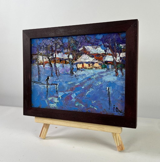 Original Oil Painting Night Village Landscape Moonlight winter light