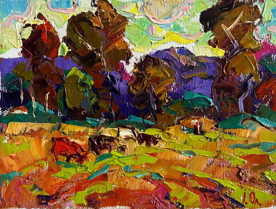 Image 1 of Original Oil Painting Summer Forest Landscape On the pasture