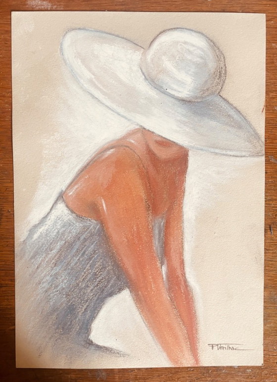 Image 1 of Pastel painting, portrait of a woman in a white hat, "full sunlight"