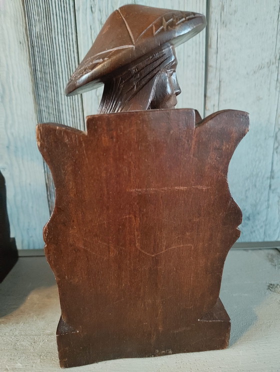 Image 1 of Vintage Balinees Houtsnijwerk Boekensteunen (Man & Vrouw)