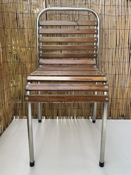 Image 1 of Franse bistrostoelen stapelbaar (set van 4) van chroom en hout
