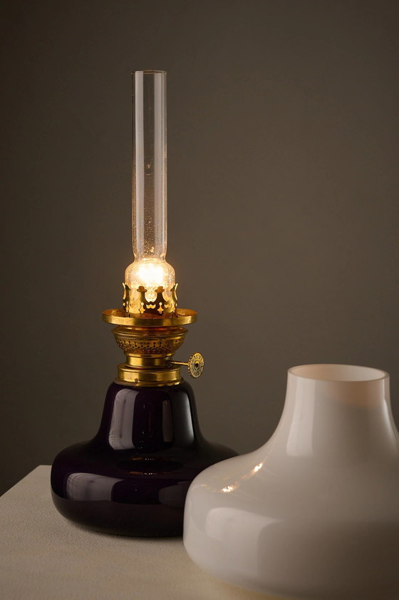 Fog & Mørup El-Oline Purple Table Lamp, Denmark, 1960s, Glass, Brass, White (photo 5 of 9)
