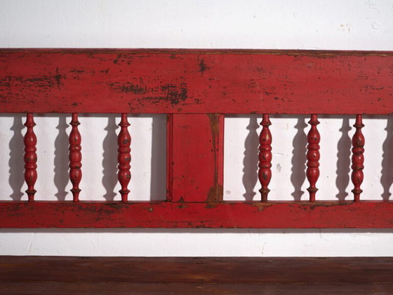 Antique red painted pine bench with turned back – Central Europe, circa 1900 – Benches, Rustic (photo 37 of 40)