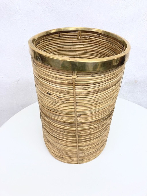 Italian umbrella stand/paper basket rattan brass Gabriella Crespi style